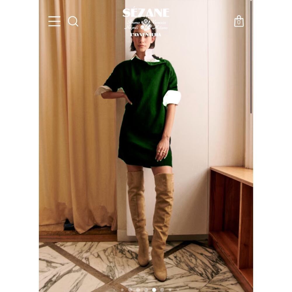 NWT Sezane - Medium Green Button Shoulder Merino Wool Mathie Ribbed Knit Dress